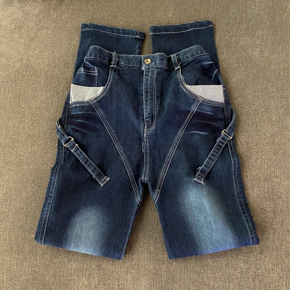 High waisted unique straight leg jeans handmade with straps and details